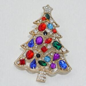 Vintage Multicolor Christmas Tree Brooch Gold Tone Rhinestone Crystals
